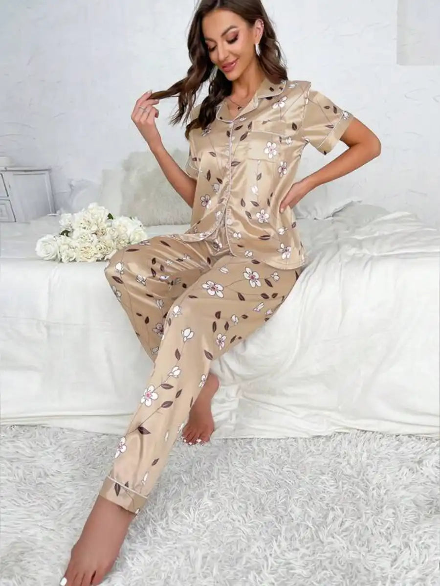 Floral Print Contrast Piping Satin Pajama Set-Soco Hoodie
