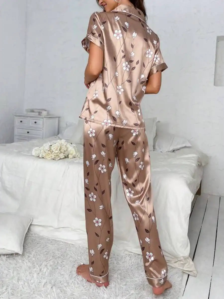 Floral Print Contrast Piping Satin Pajama Set-Soco Hoodie