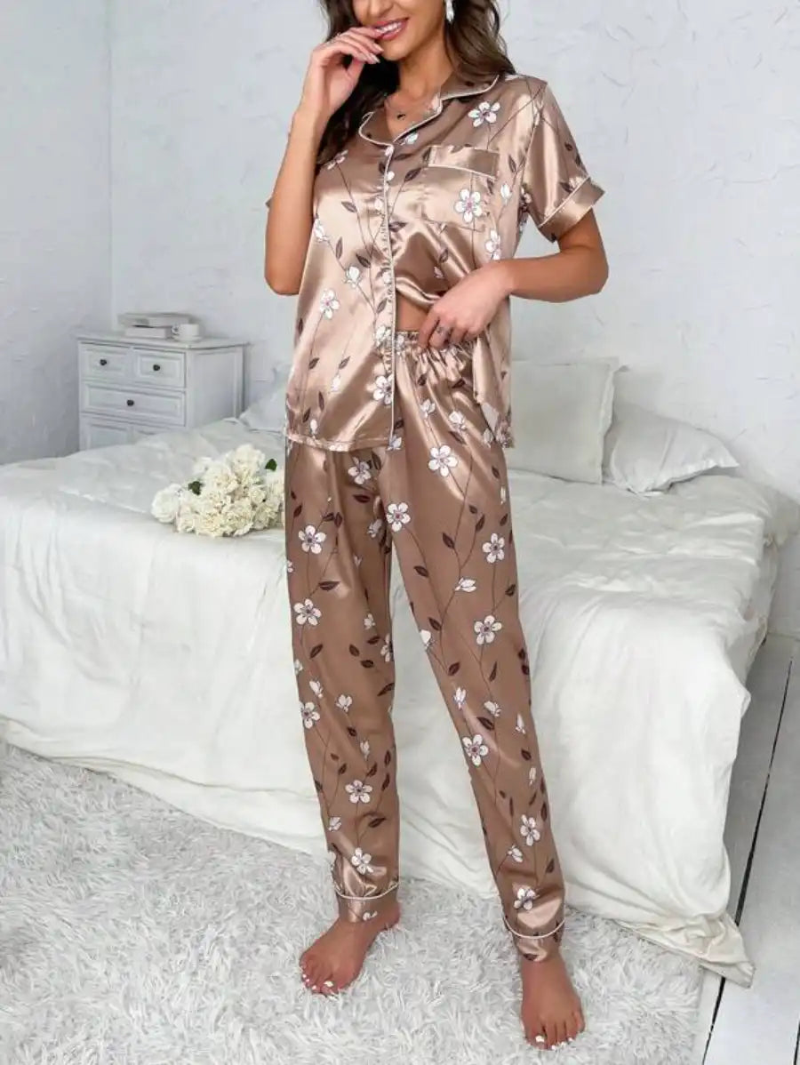 Floral Print Contrast Piping Satin Pajama Set-Soco Hoodie