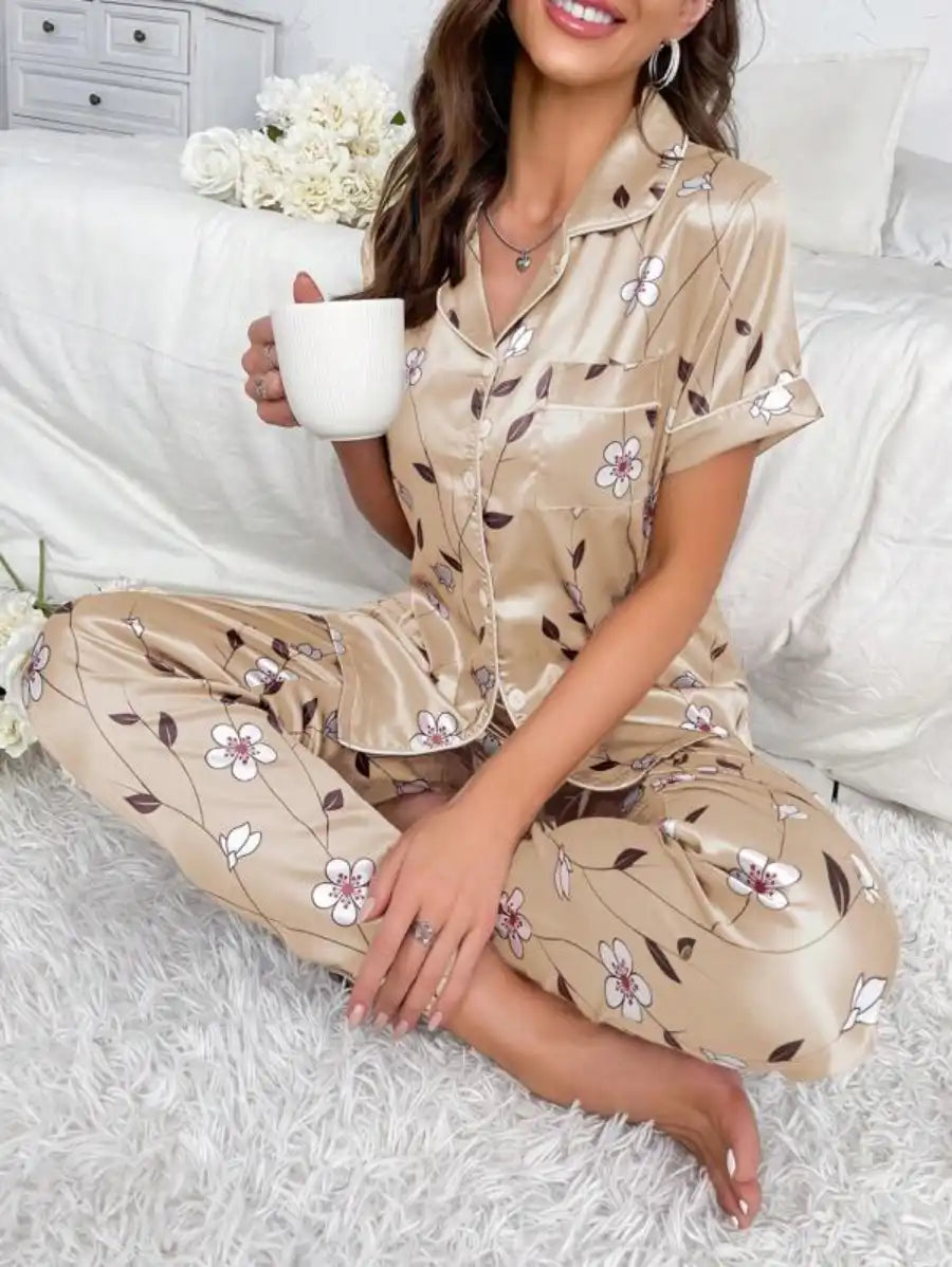 Floral Print Contrast Piping Satin Pajama Set-Soco Hoodie