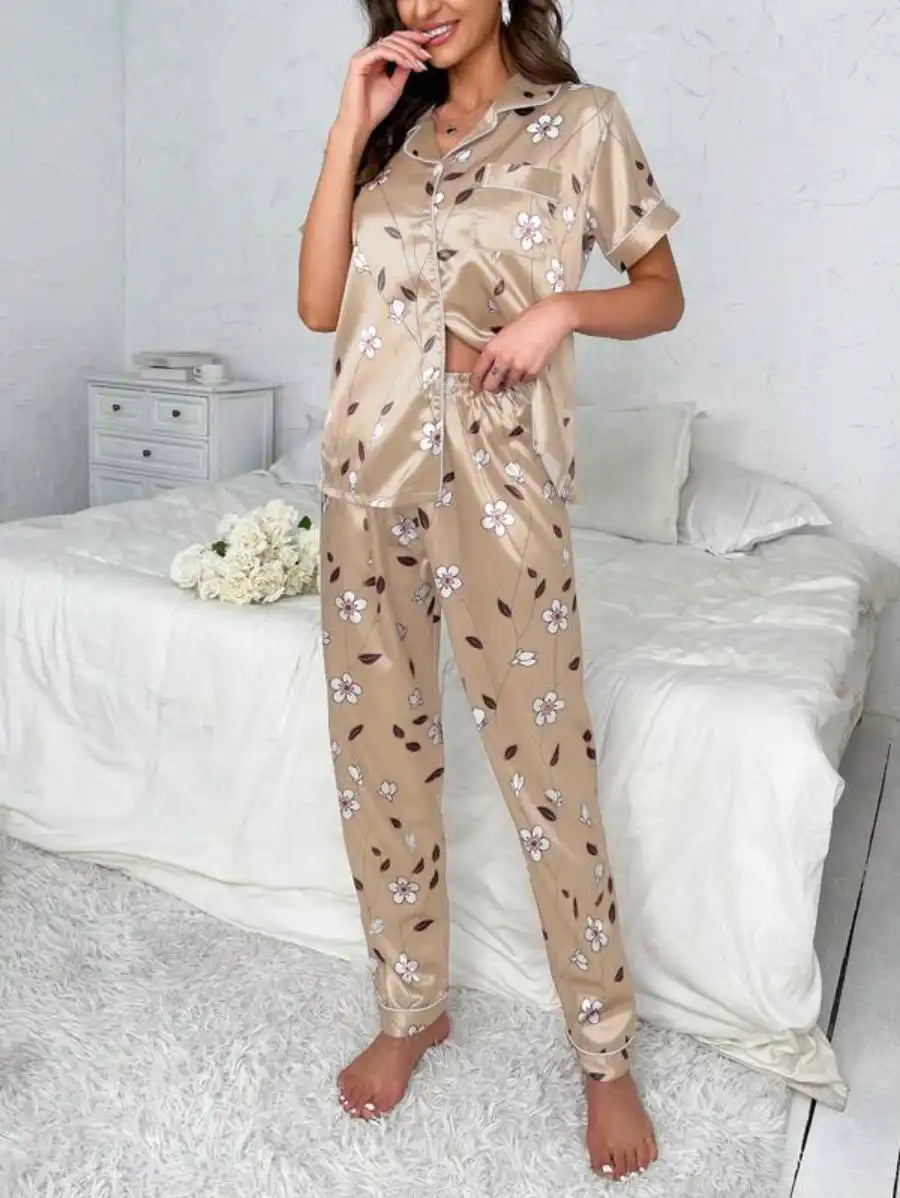 Floral Print Contrast Piping Satin Pajama Set-Soco Hoodie
