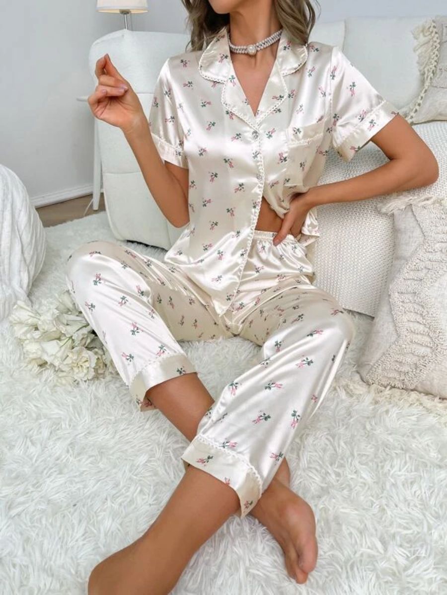 Floral Print Contrast Piping Satin Set-Soco Hoodie