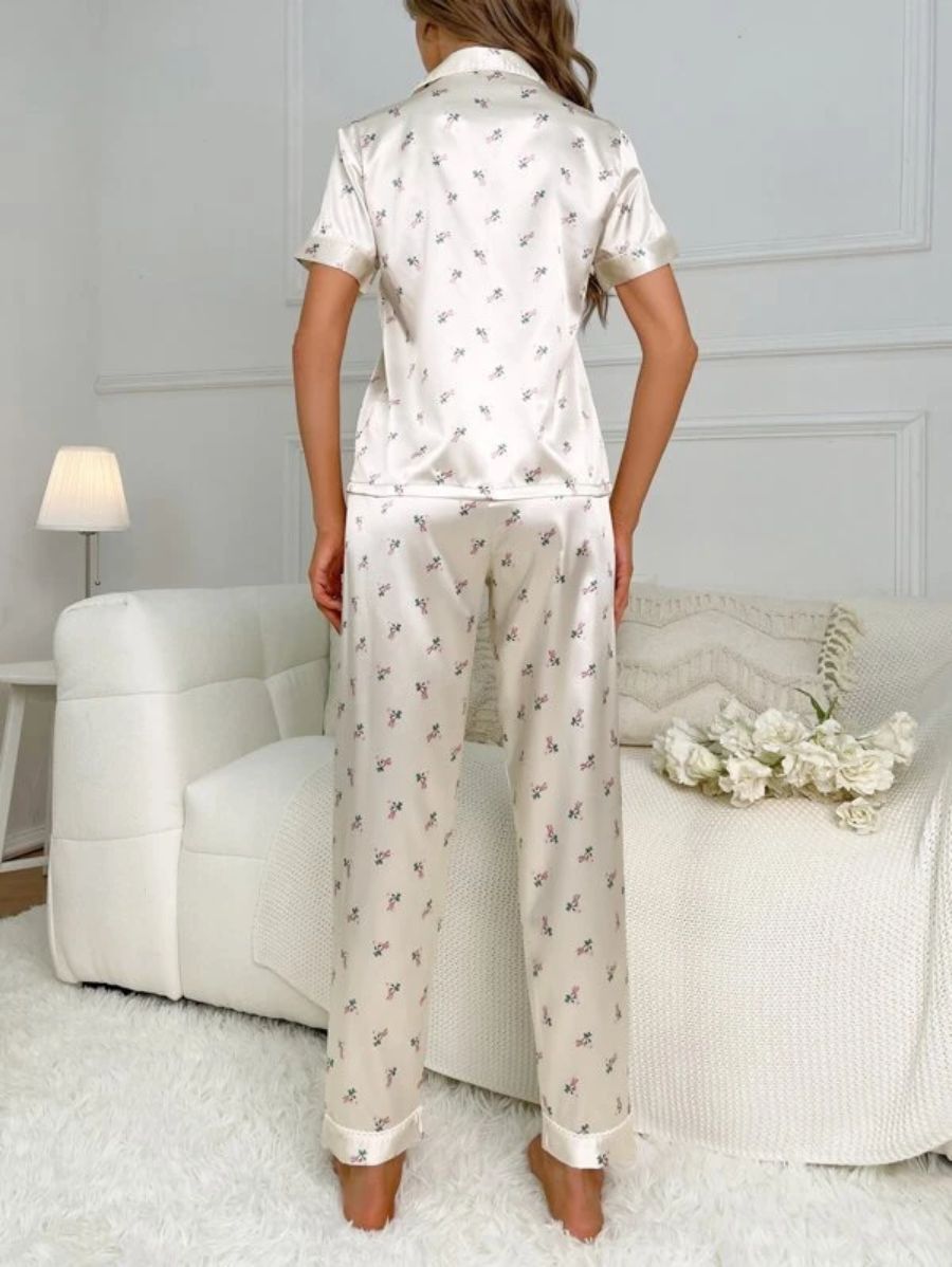 Floral Print Contrast Piping Satin Set-Soco Hoodie