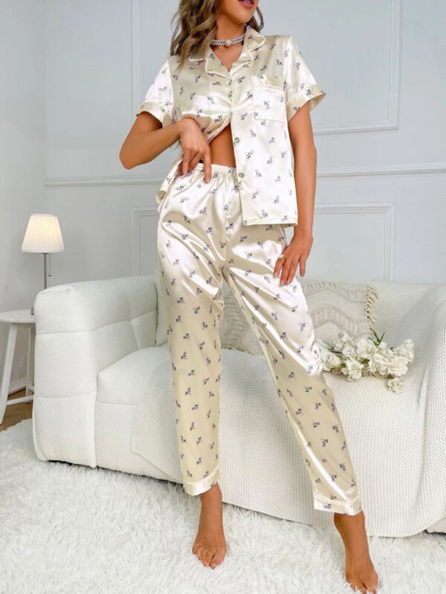 Floral Print Contrast Piping Satin Set-Soco Hoodie