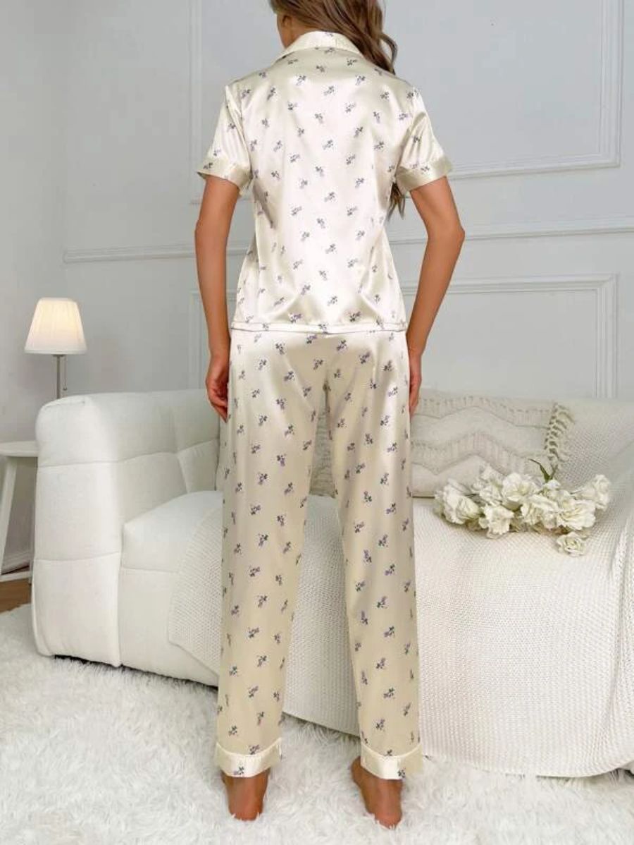 Floral Print Contrast Piping Satin Set-Soco Hoodie