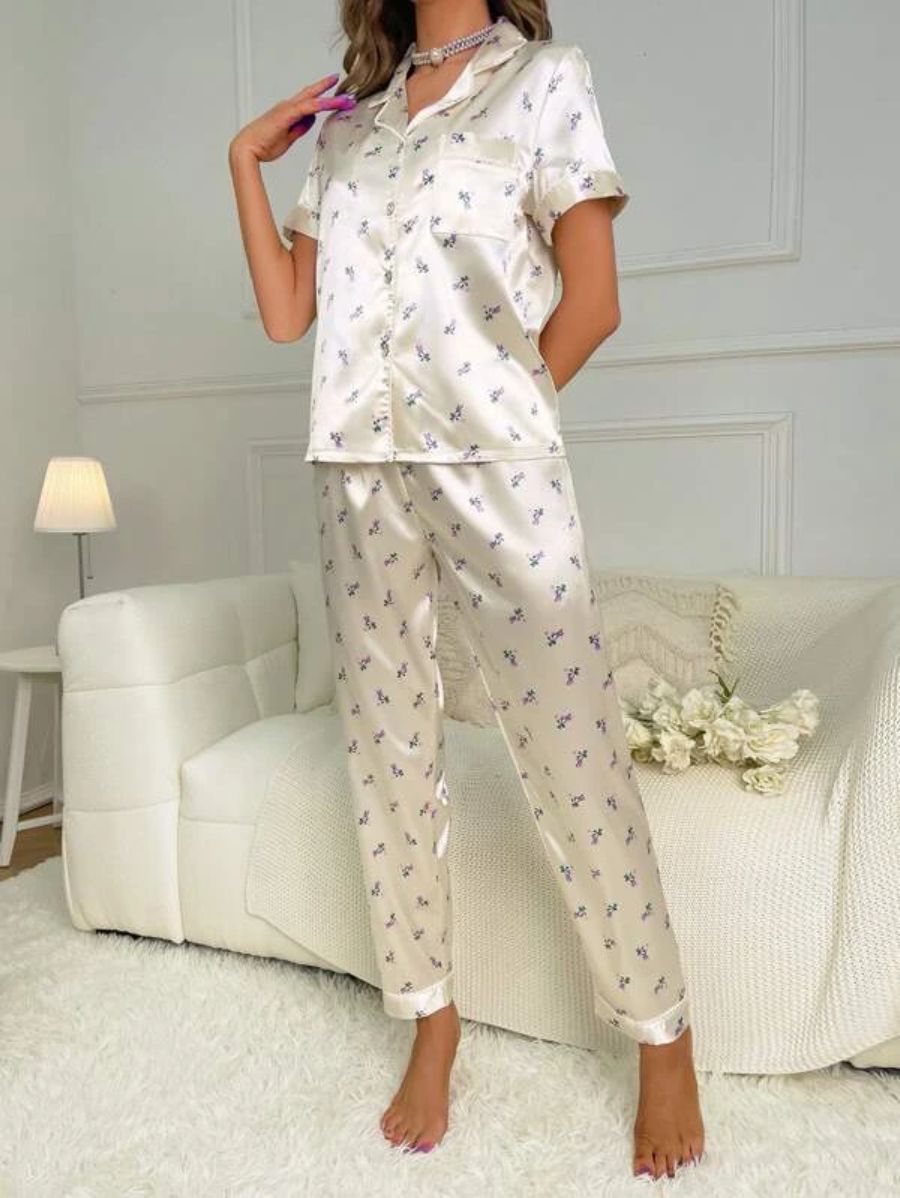 Floral Print Contrast Piping Satin Set-Soco Hoodie