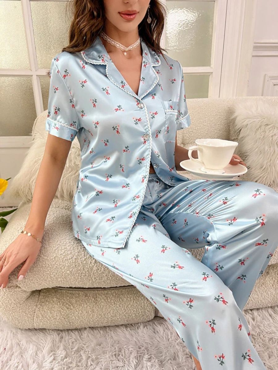 Floral Print Contrast Piping Satin Set-Soco Hoodie