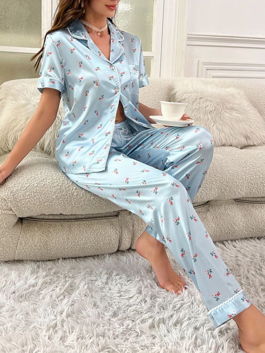 Floral Print Contrast Piping Satin Set-Soco Hoodie