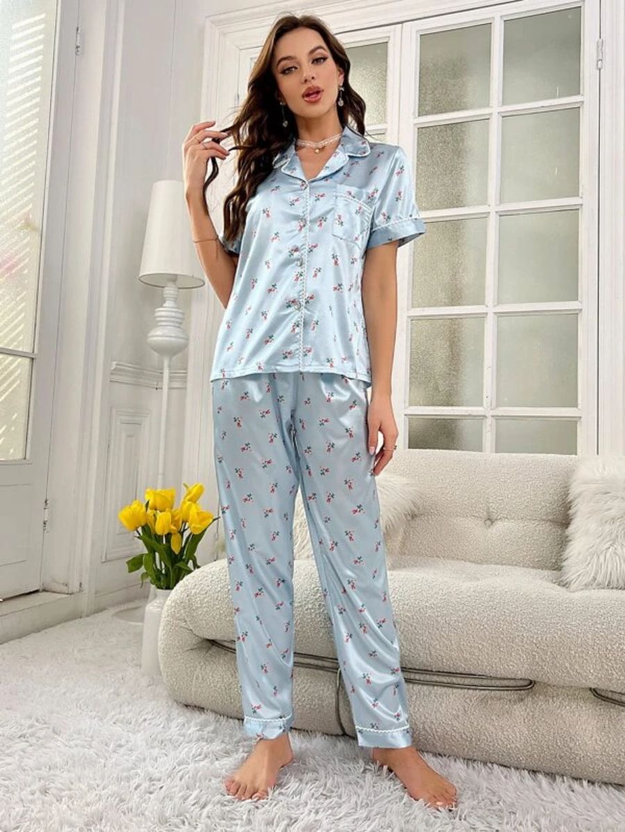 Floral Print Contrast Piping Satin Set-Soco Hoodie