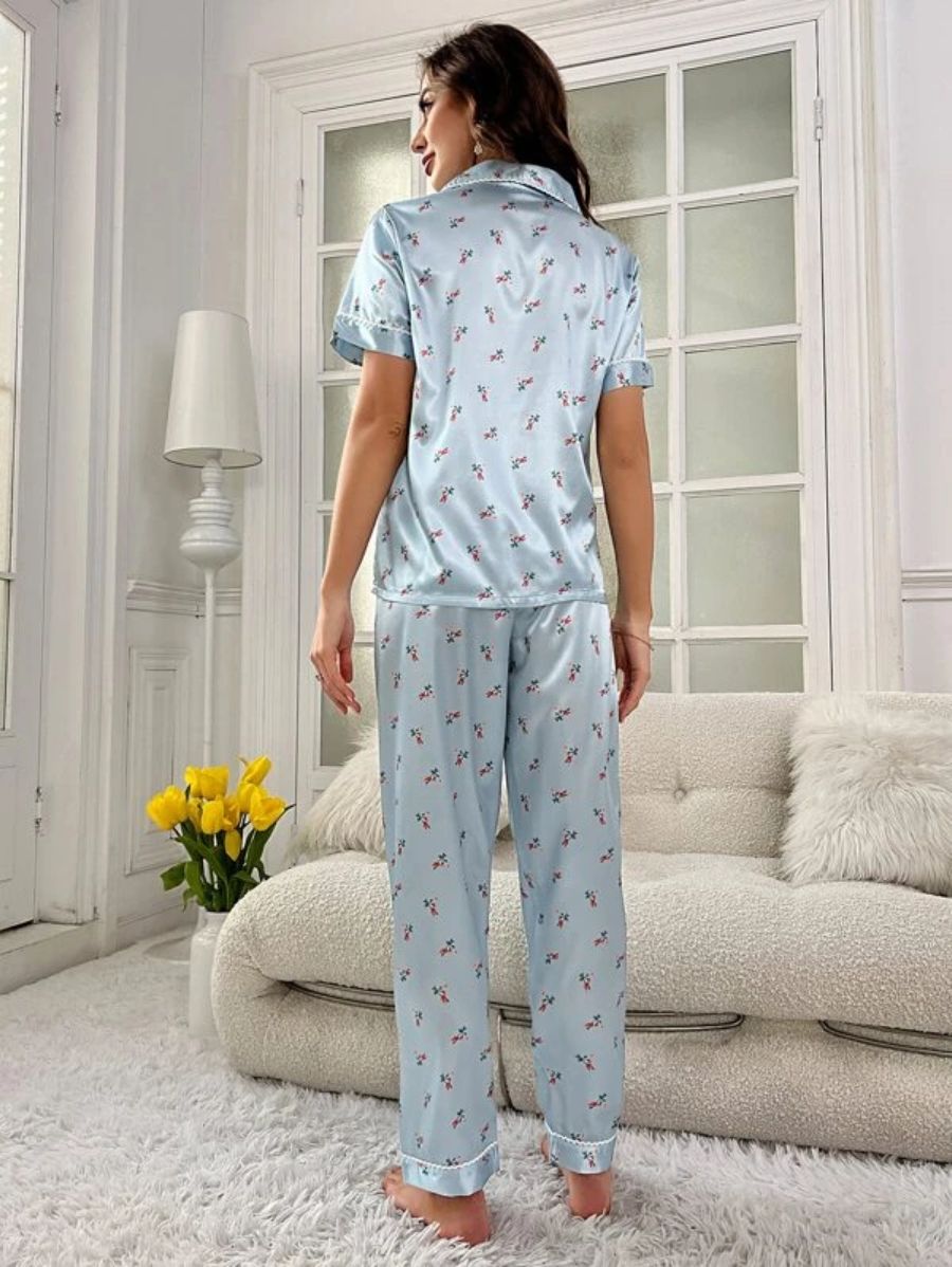 Floral Print Contrast Piping Satin Set-Soco Hoodie