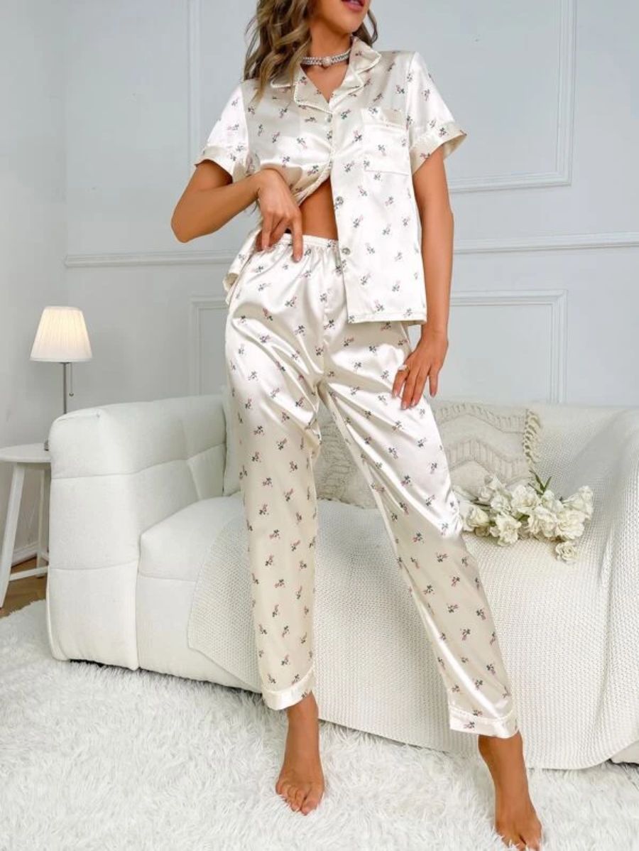 Floral Print Contrast Piping Satin Set-Soco Hoodie