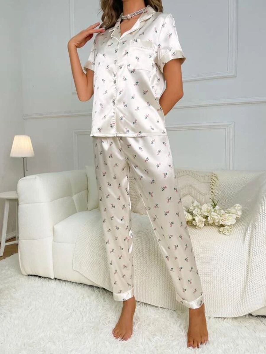 Floral Print Contrast Piping Satin Set-Soco Hoodie