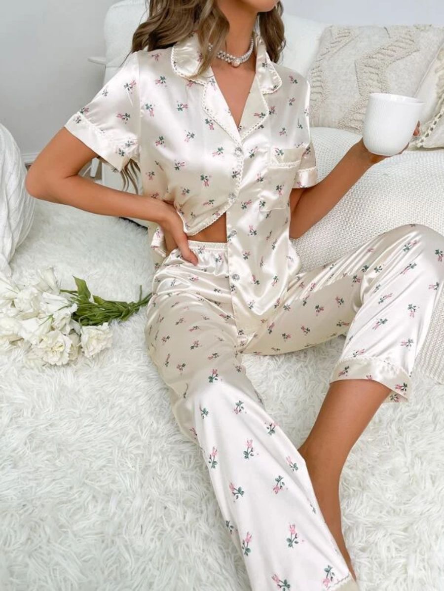 Floral Print Contrast Piping Satin Set-Soco Hoodie