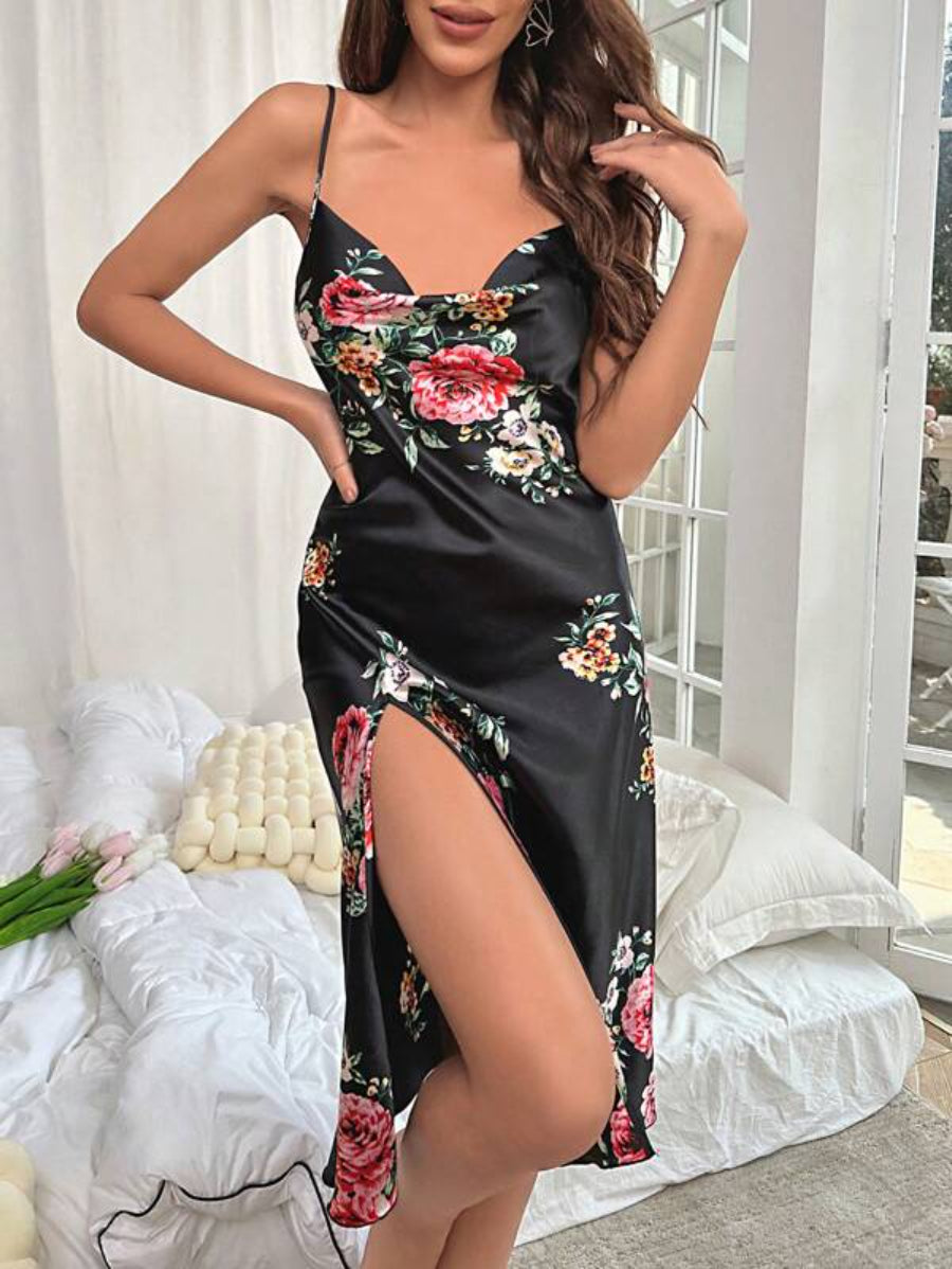 Floral Print Satin Slit Cami Nightdress-Soco Hoodie