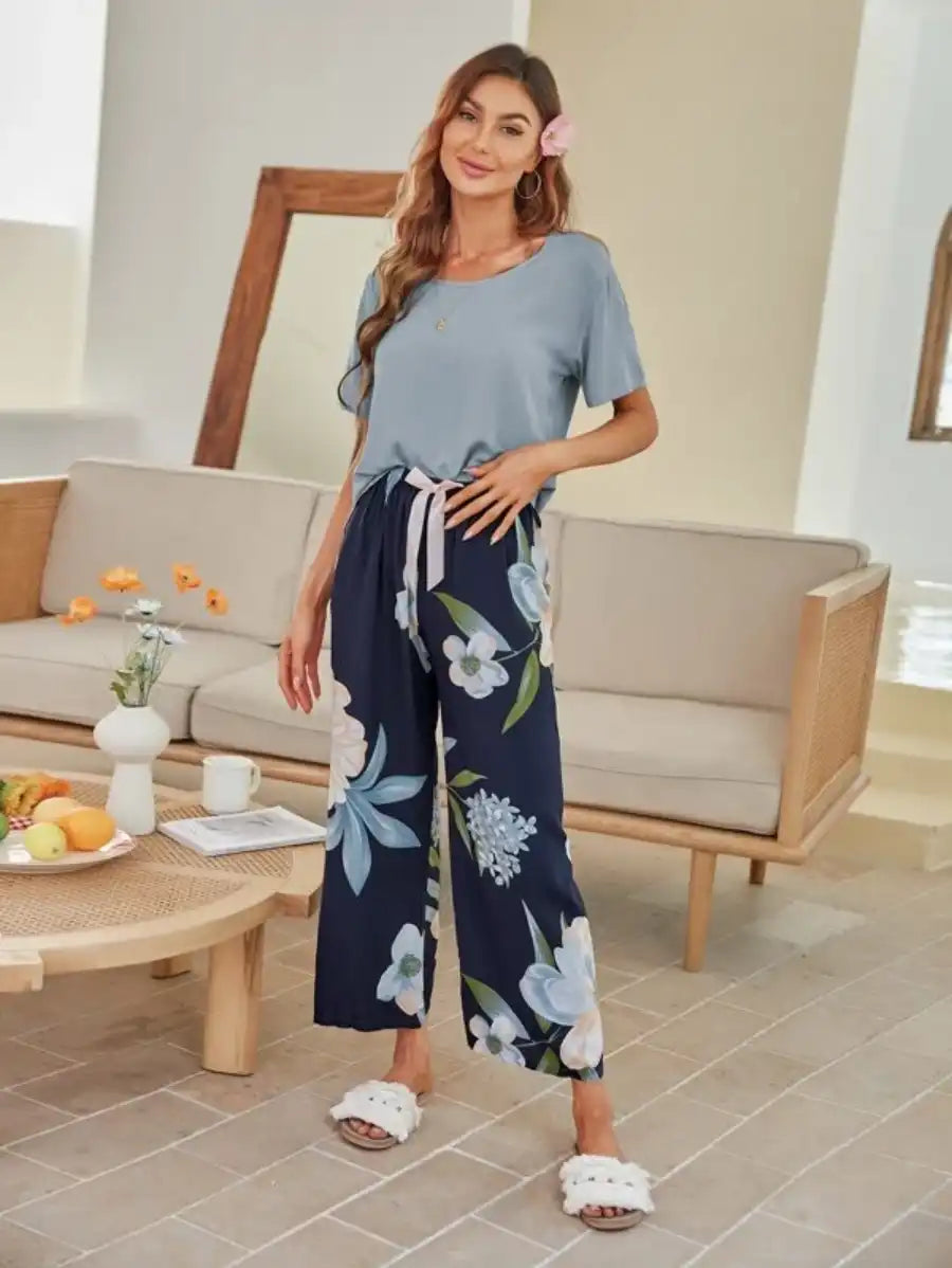 Floral Print Knot Front Pajama Set-Soco Hoodie