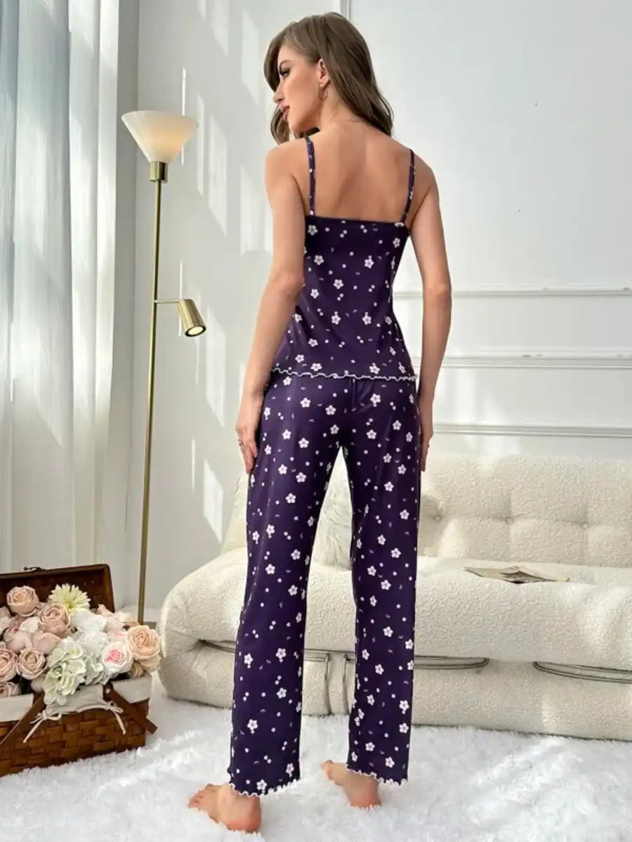 Floral Print Lettuce Trim Bow Front Pajama Set-Soco Hoodie