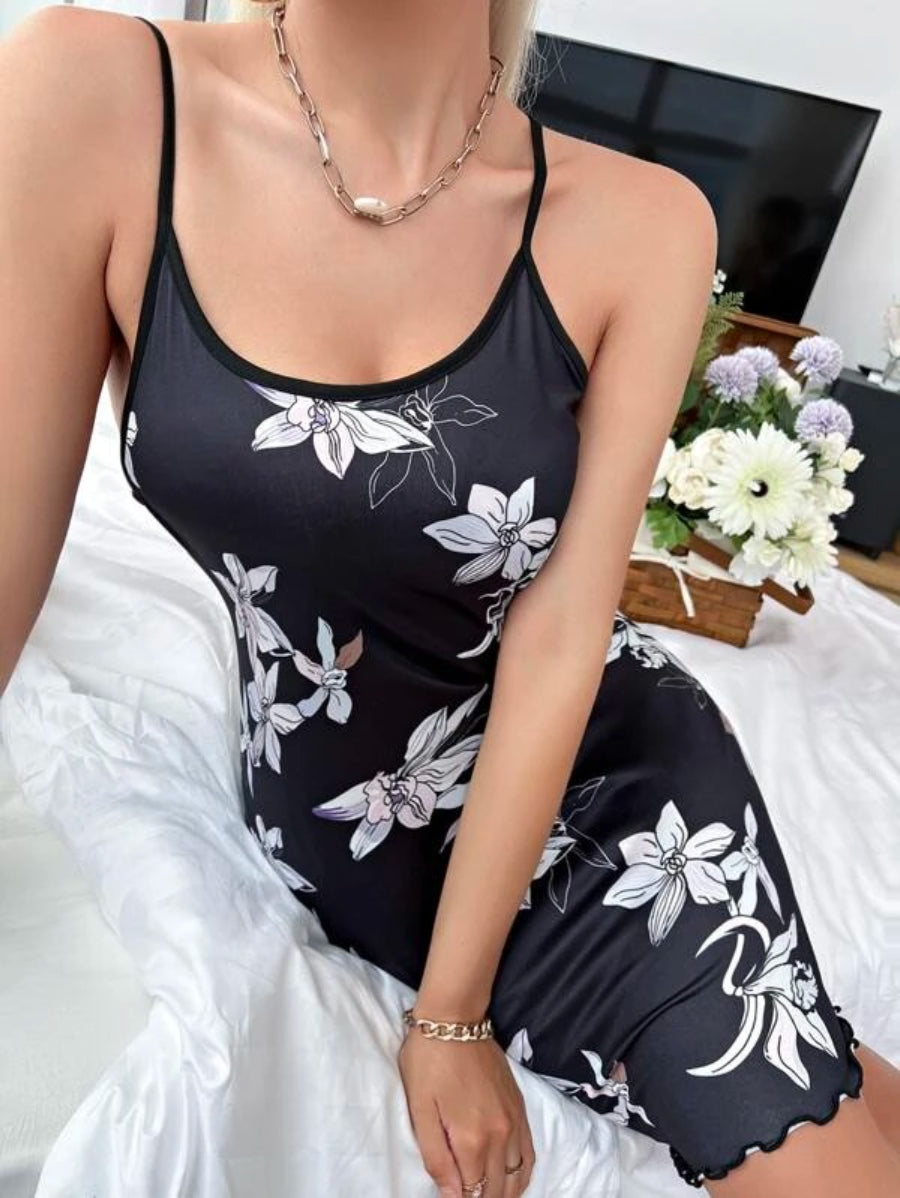 Floral Print Lettuce Trim Cami Night Dress-Soco Hoodie