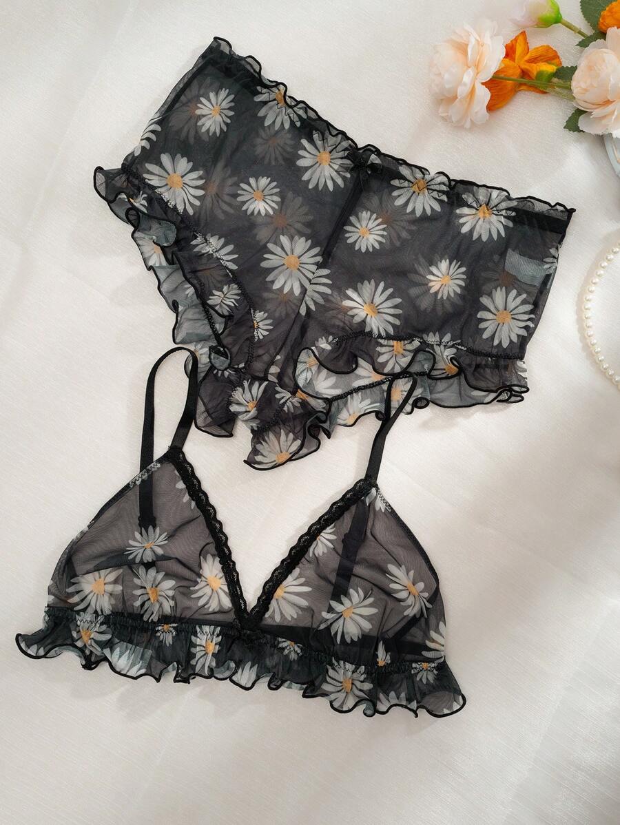 Floral Print Mesh Lingerie Set-Soco Hoodie