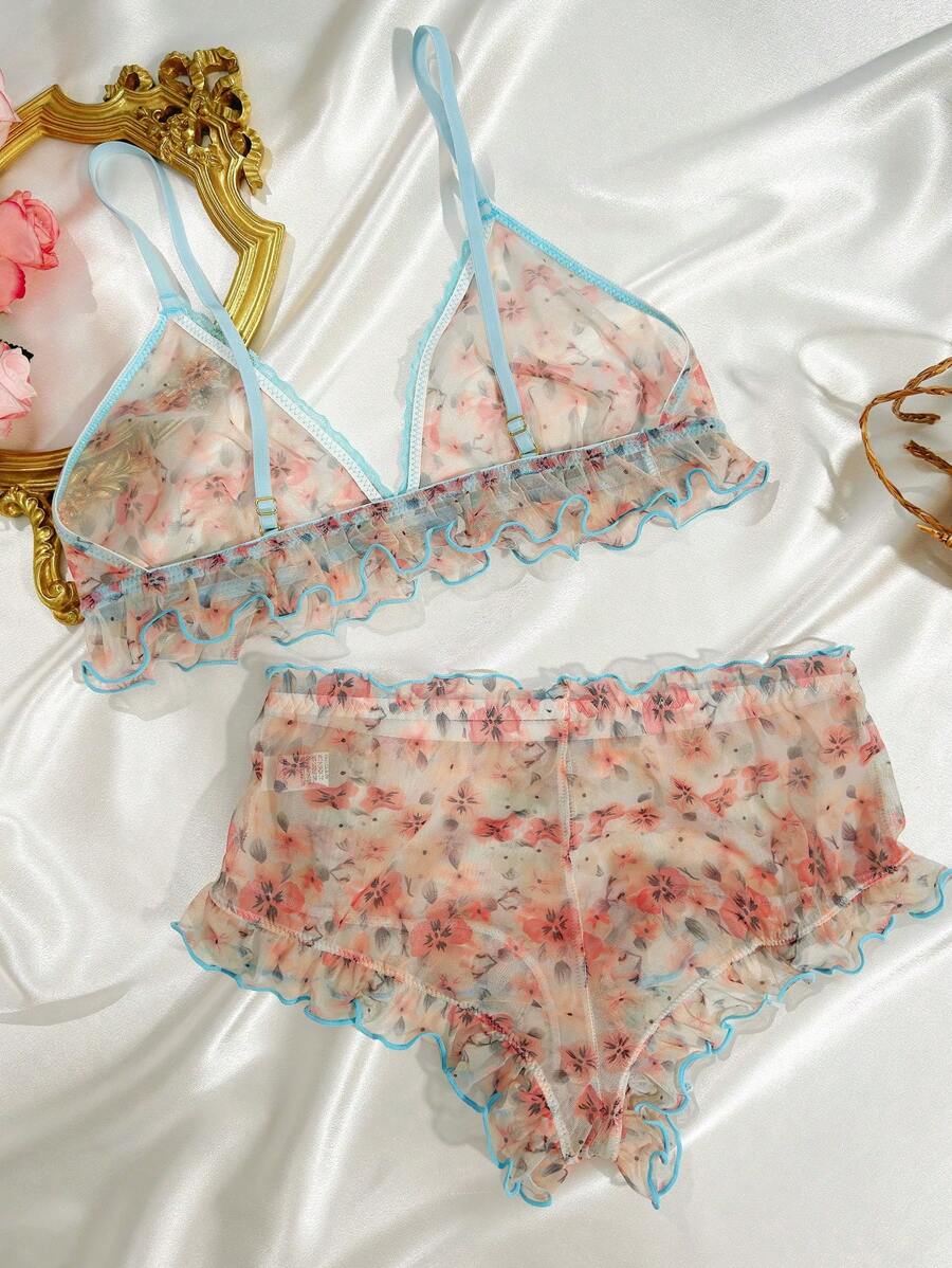 Floral Print Mesh Lingerie Set-Soco Hoodie