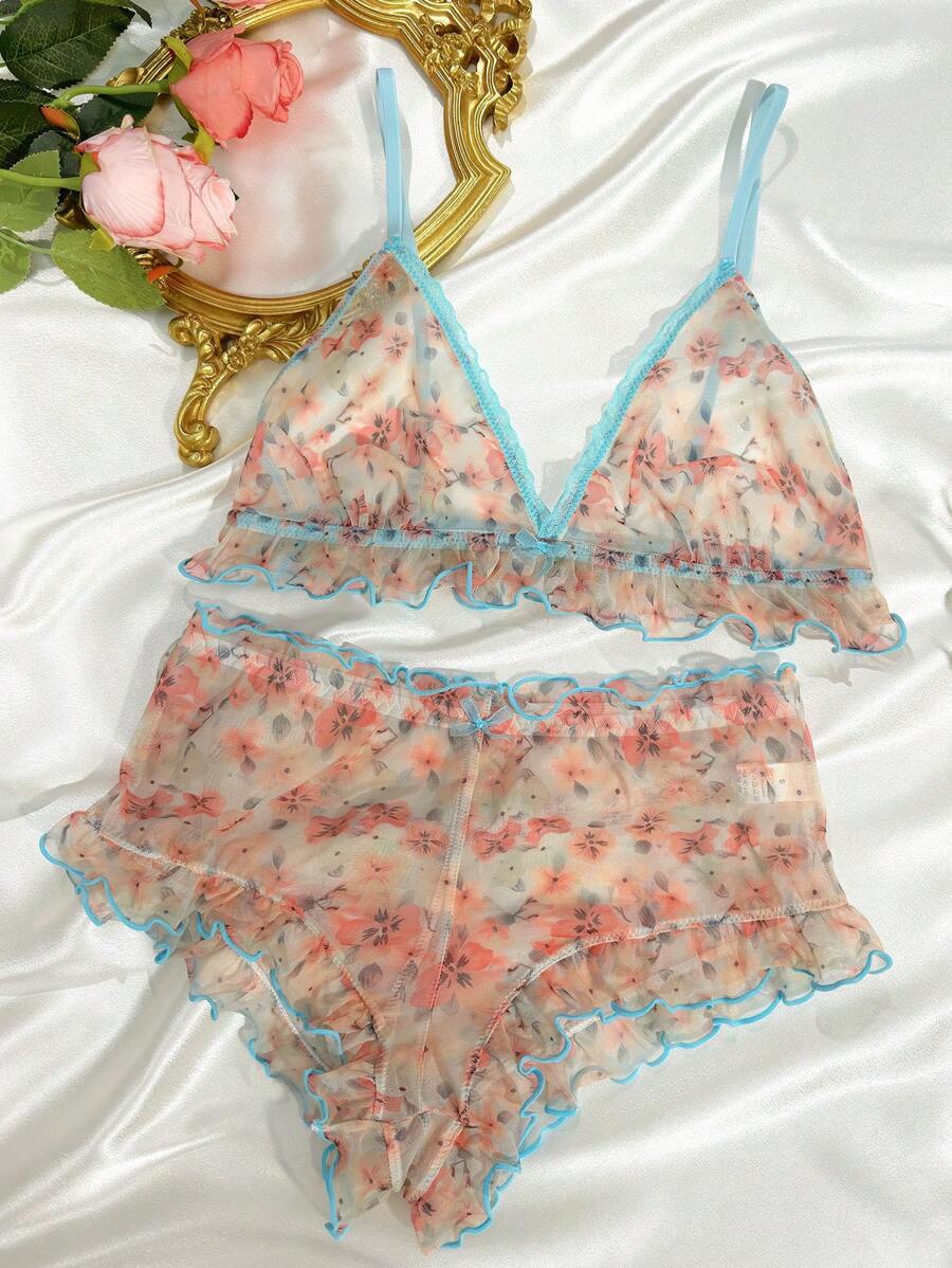 Floral Print Mesh Lingerie Set-Soco Hoodie