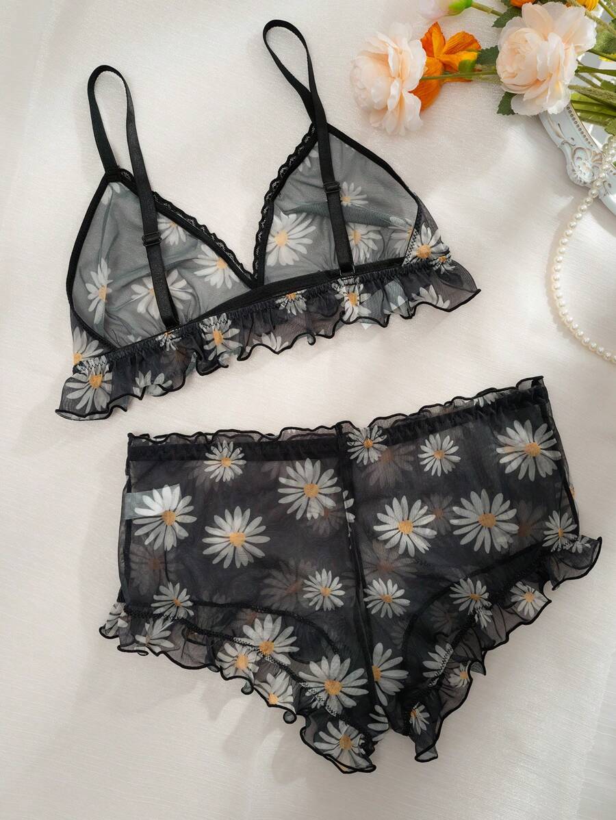 Floral Print Mesh Lingerie Set-Soco Hoodie