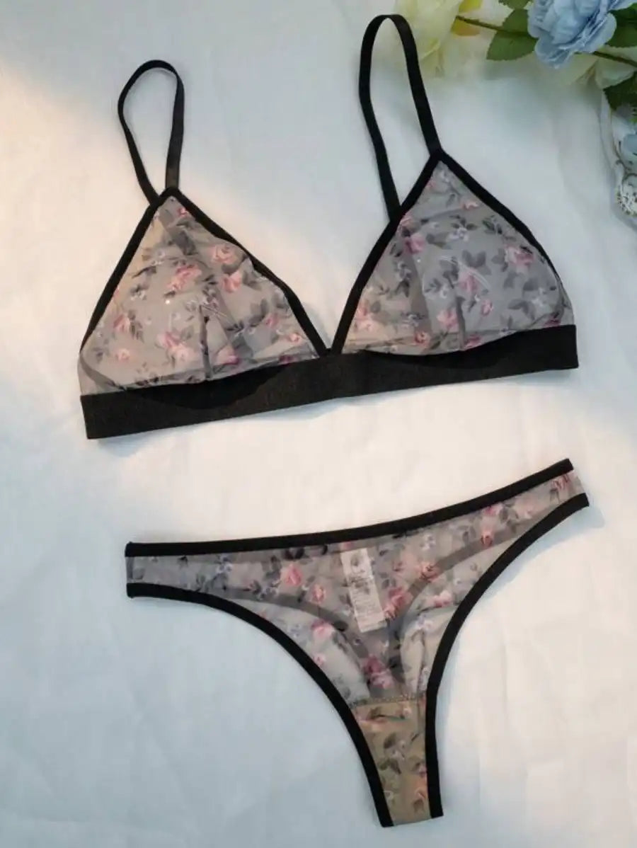 Printed Floral Mesh Lingerie Set-Soco Hoodie