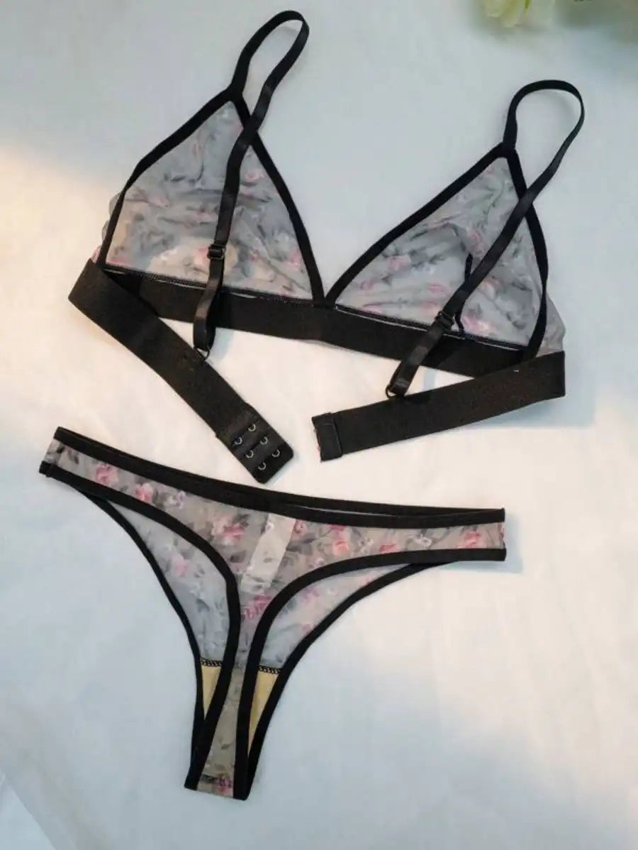 Printed Floral Mesh Lingerie Set-Soco Hoodie