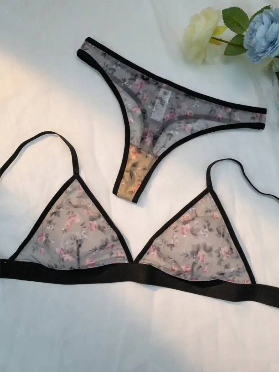 Printed Floral Mesh Lingerie Set-Soco Hoodie
