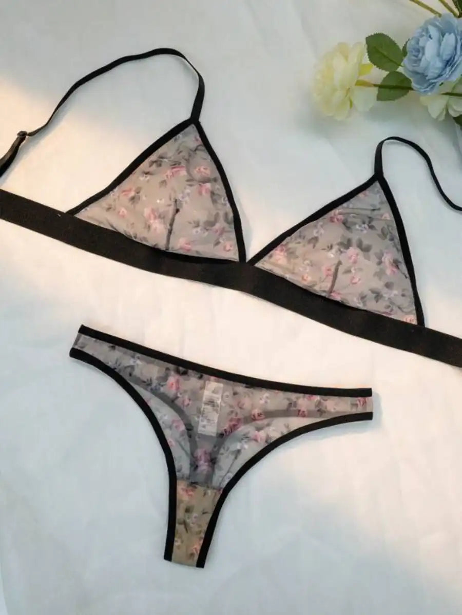Printed Floral Mesh Lingerie Set-Soco Hoodie