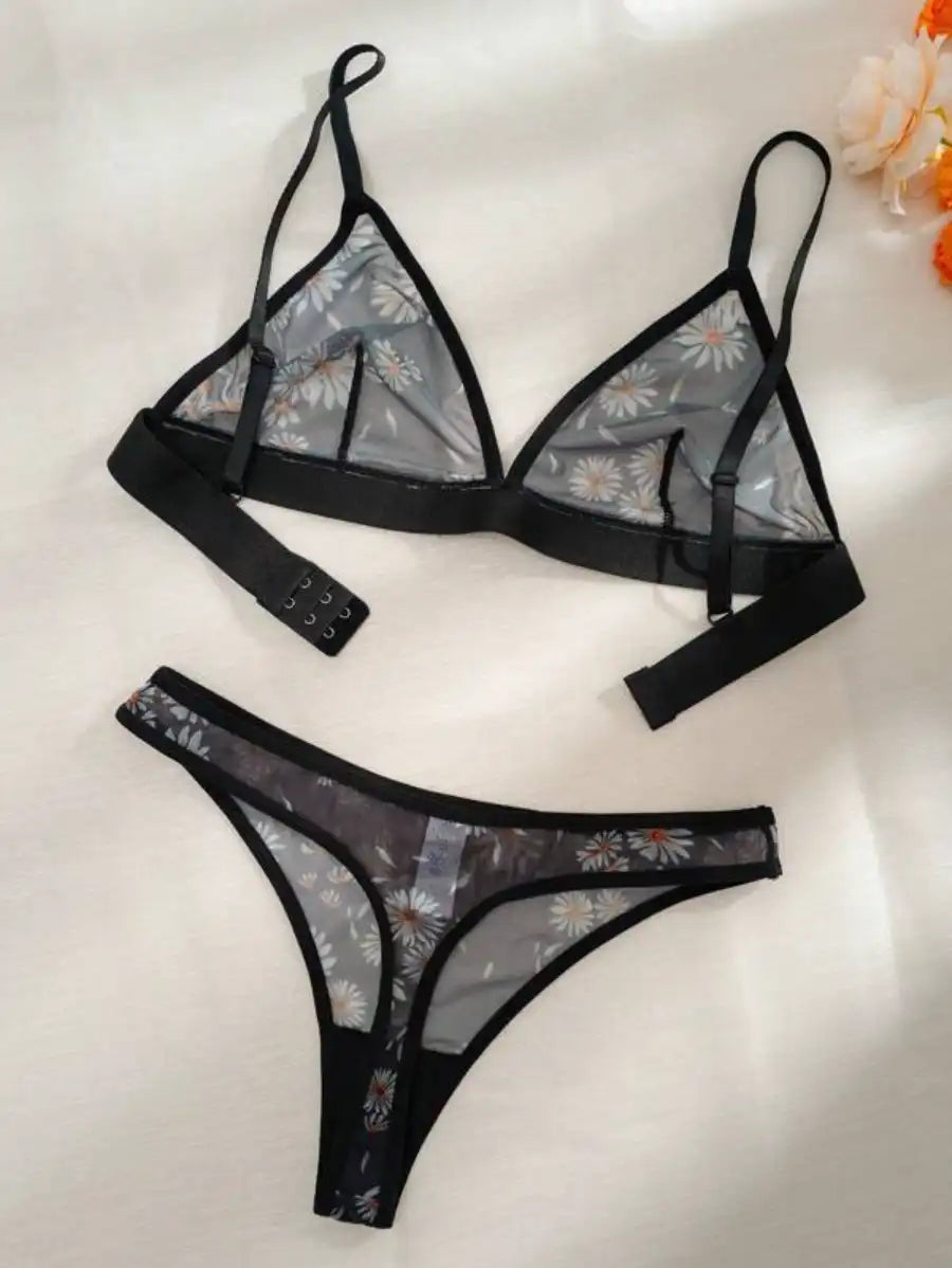 Floral Print Mesh Lingerie Set-Soco Hoodie