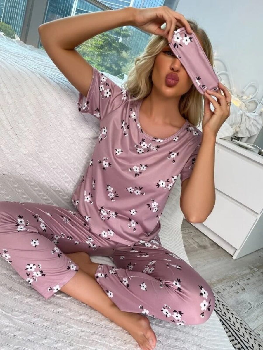Floral Print Pants Set With Sleeping Mask-Soco Hoodie
