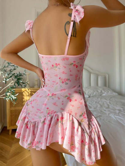 Floral Print Ruffle Trim Slips With Thong-Soco Hoodie