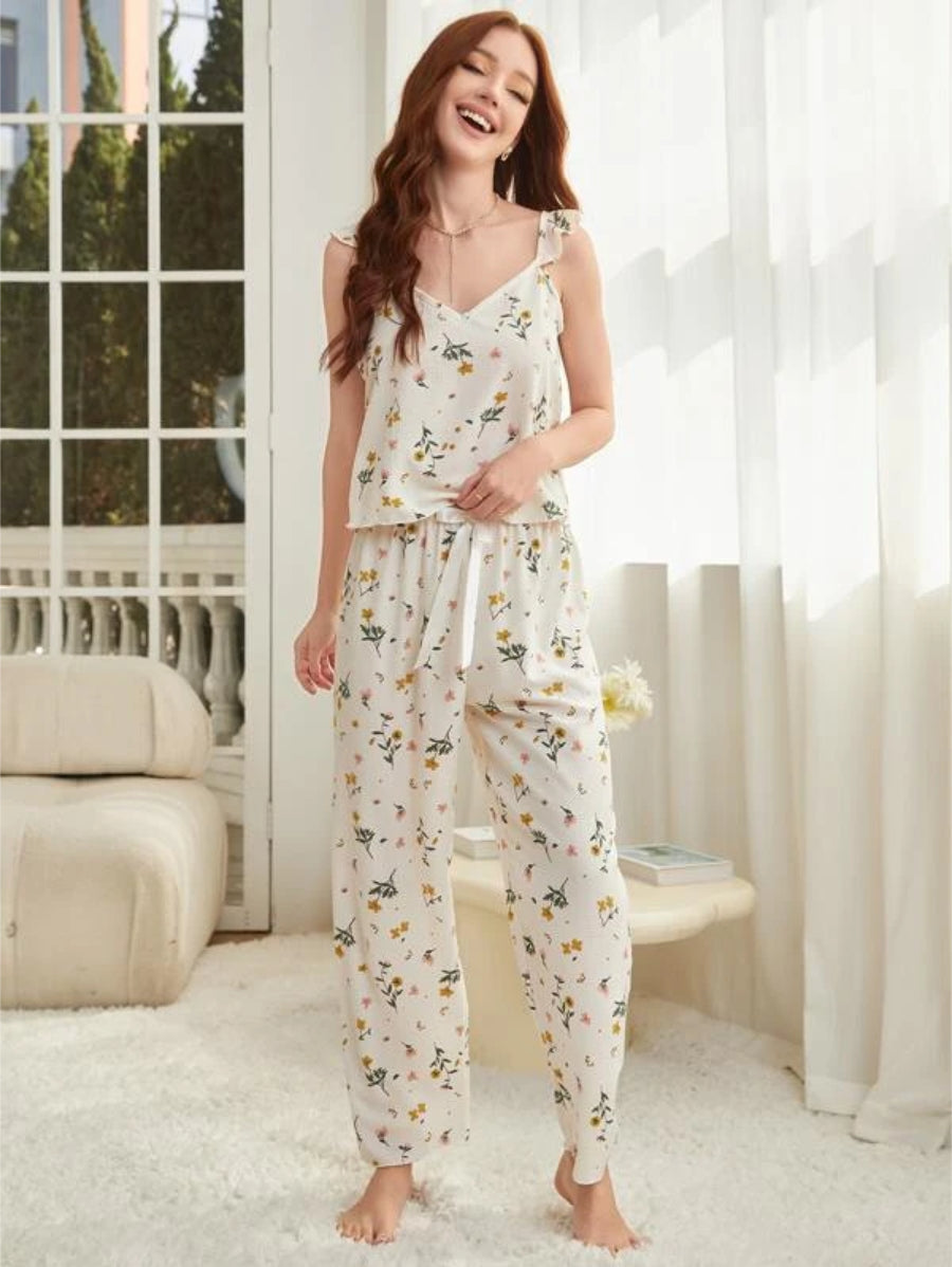 Floral Print Ruffle Trim Top And Pants Set-Soco Hoodie