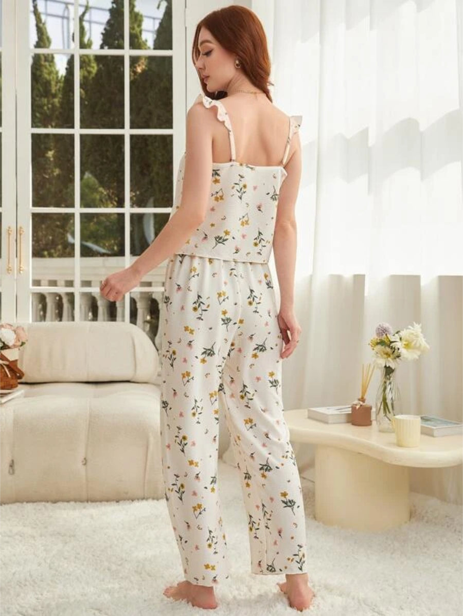 Floral Print Ruffle Trim Top And Pants Set-Soco Hoodie