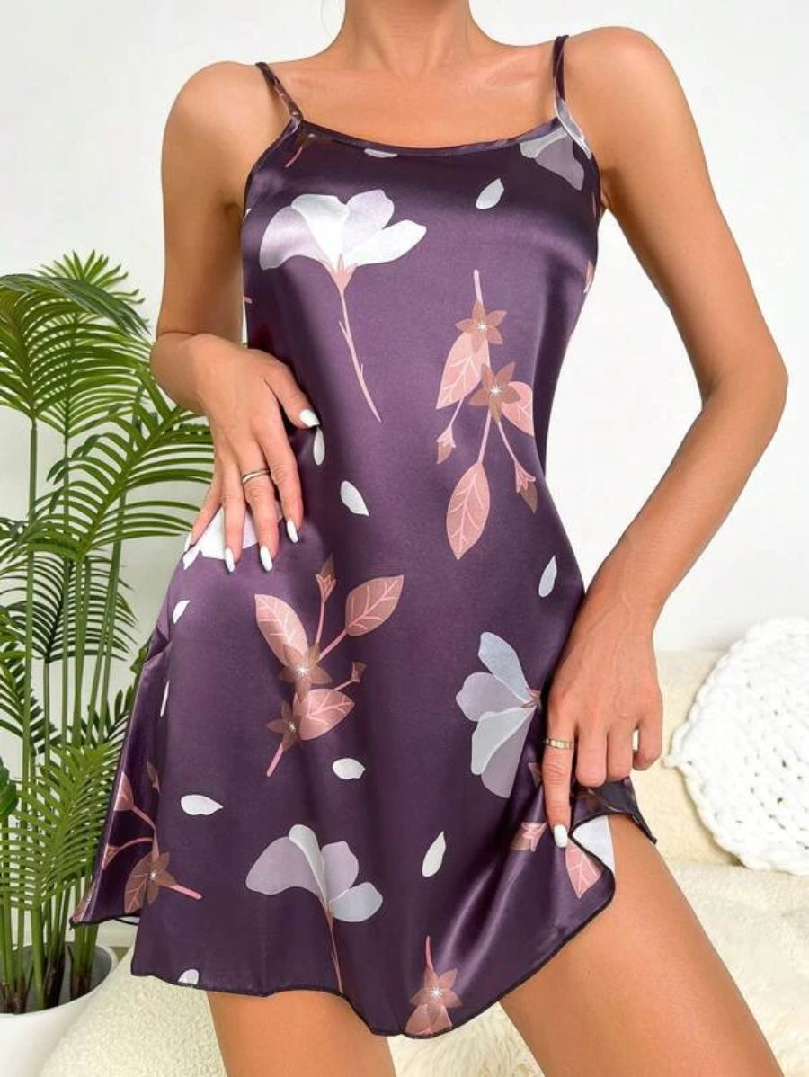 Floral Print Satin Cami Slip Dress-Soco Hoodie
