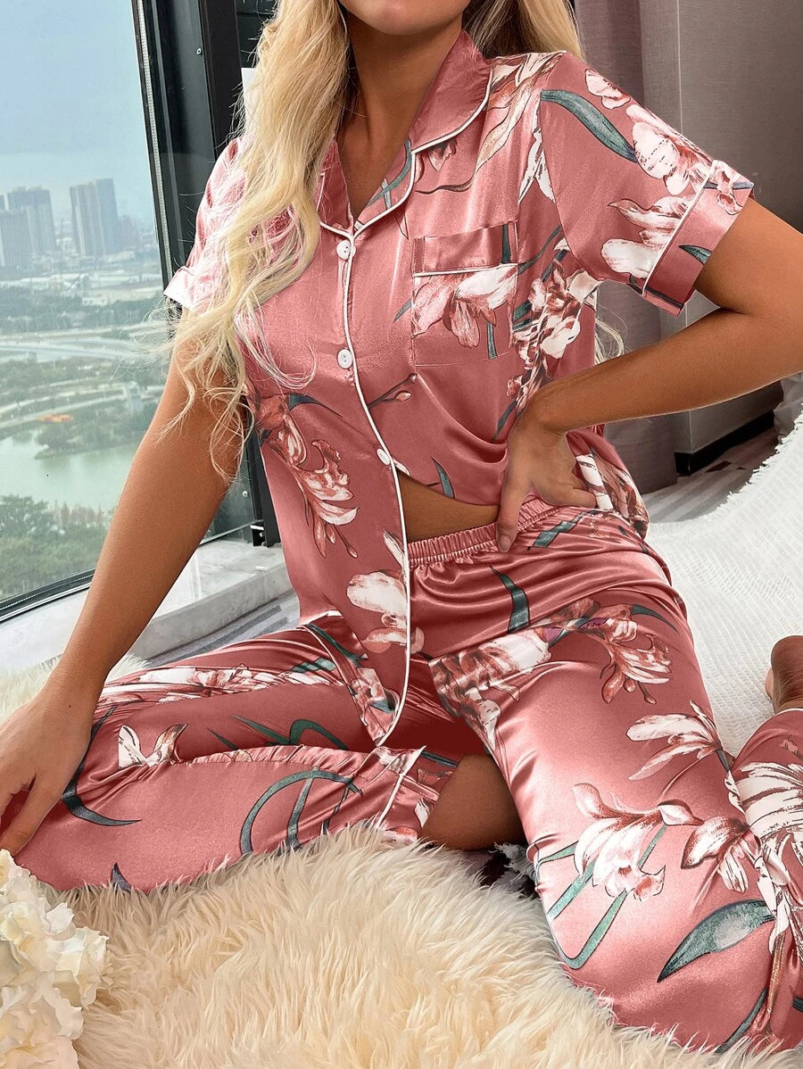 Floral Print Satin Lapel Pajama Set-Soco Hoodie