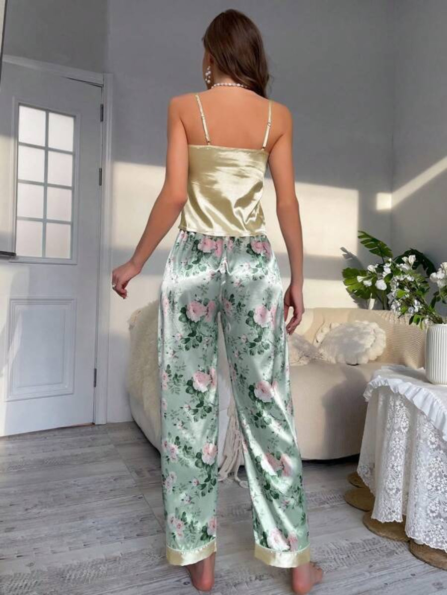 Floral Print Satin Pant Set-Soco Hoodie