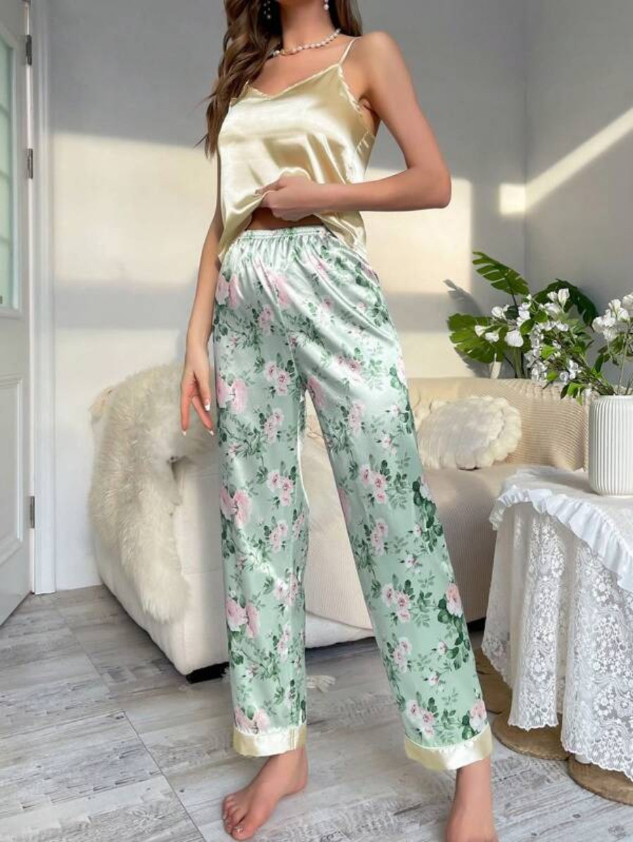 Floral Print Satin Pant Set-Soco Hoodie