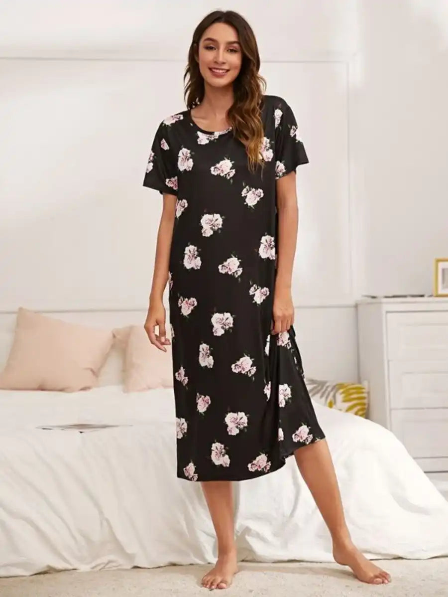 Floral Print Scoop Neck Nightdress-Soco Hoodie