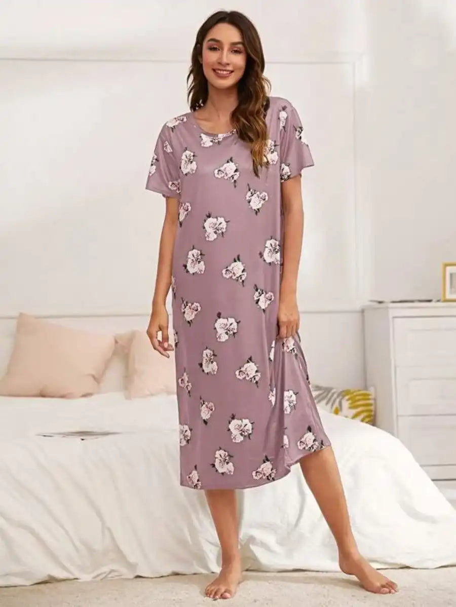 Floral Print Scoop Neck Nightdress-Soco Hoodie