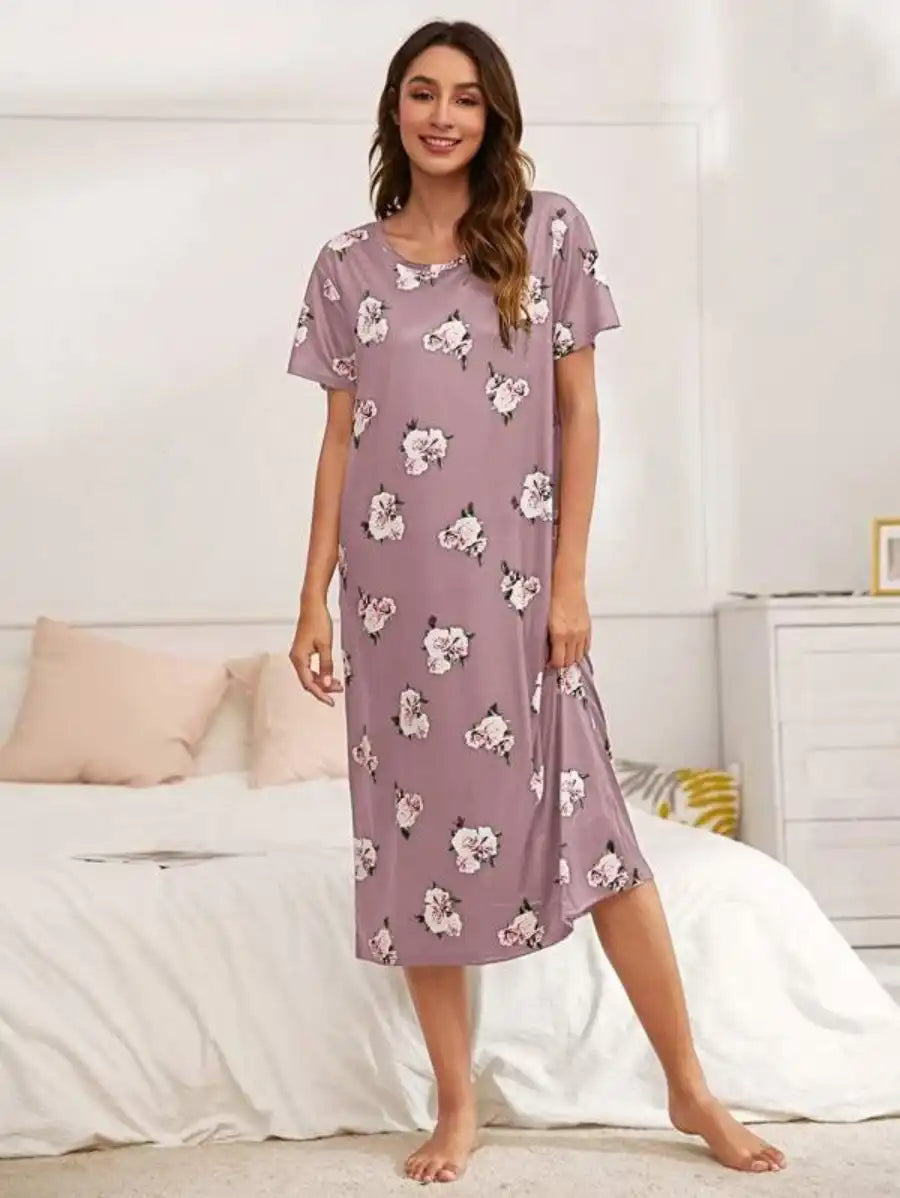 Floral Print Scoop Neck Nightdress-Soco Hoodie