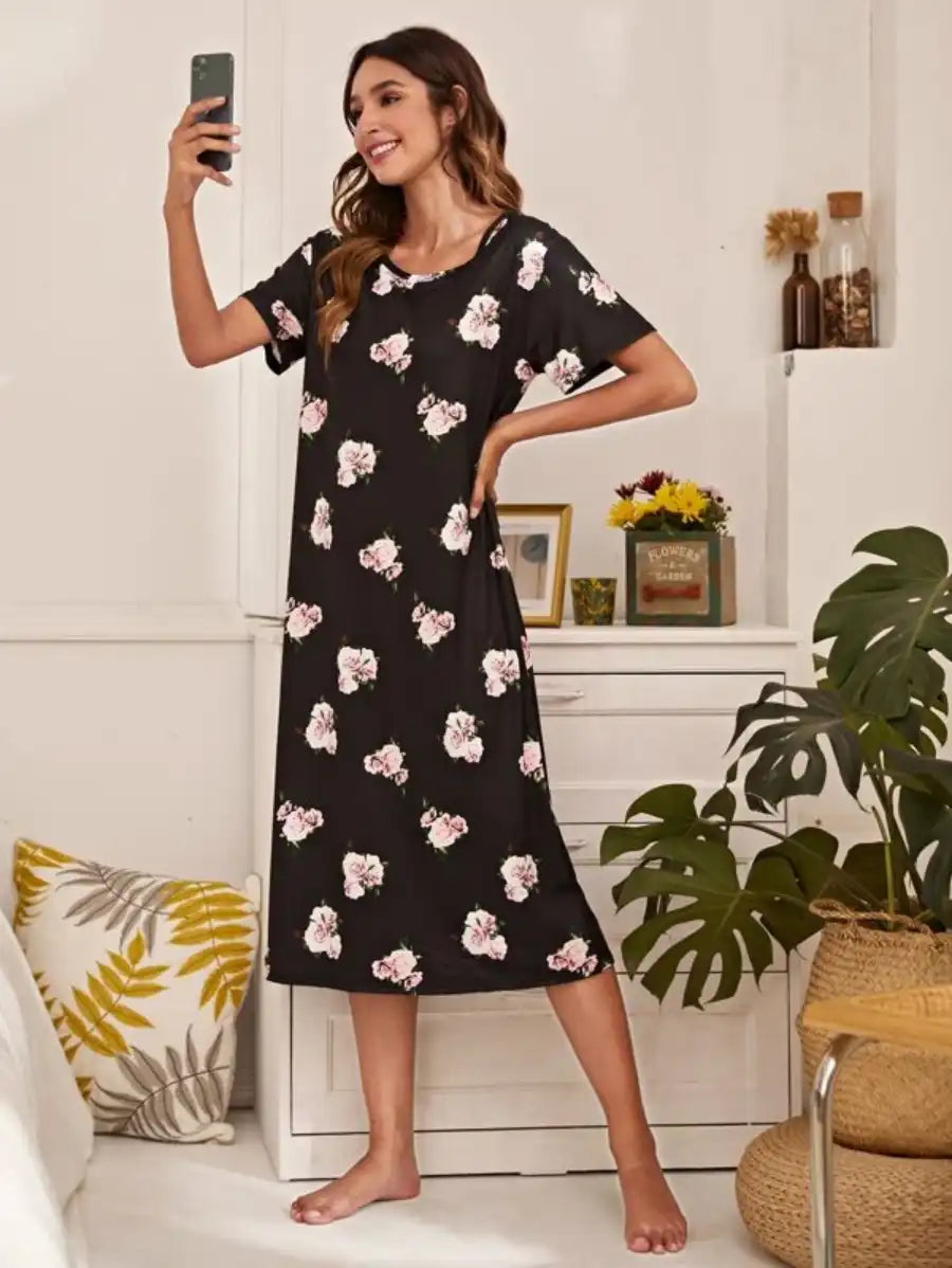 Floral Print Scoop Neck Nightdress-Soco Hoodie