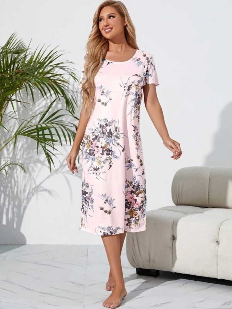 Floral Print Short Sleeve Nightdress-Soco Hoodie