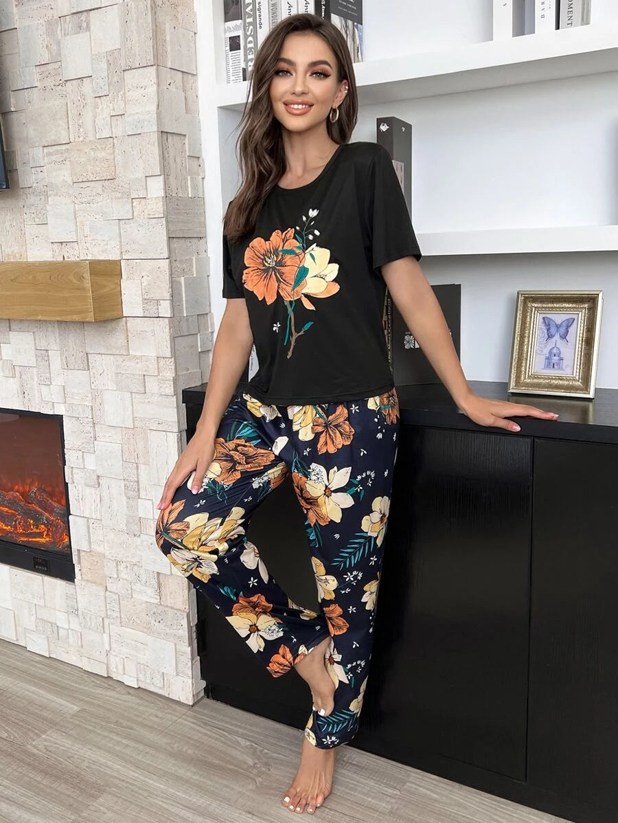 Floral Plants Print Tee And Pants Set-Soco Hoodie