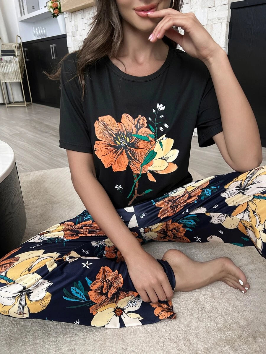 Floral Plants Print Tee And Pants Set-Soco Hoodie