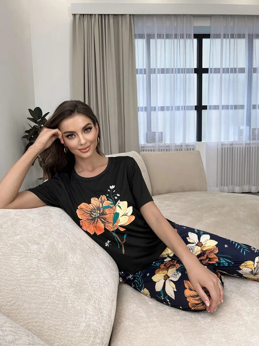 Floral Plants Print Tee And Pants Set-Soco Hoodie