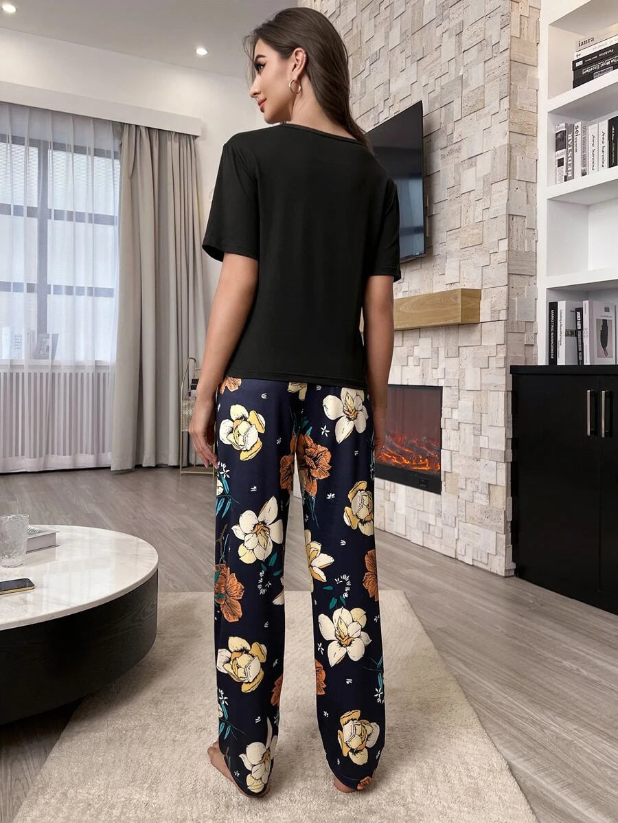 Floral Plants Print Tee And Pants Set-Soco Hoodie