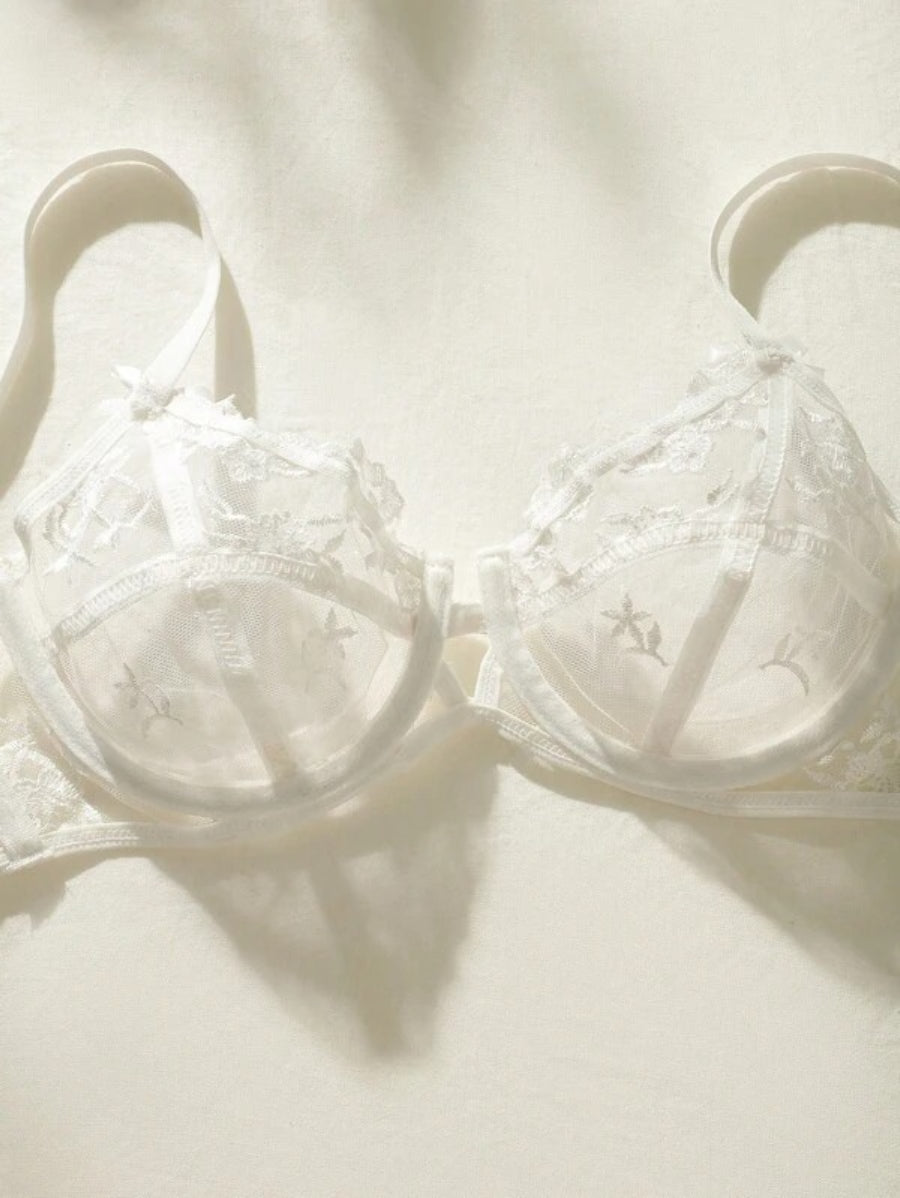 Flower Embroidery Mesh Underwire Lingerie Set-Soco Hoodie