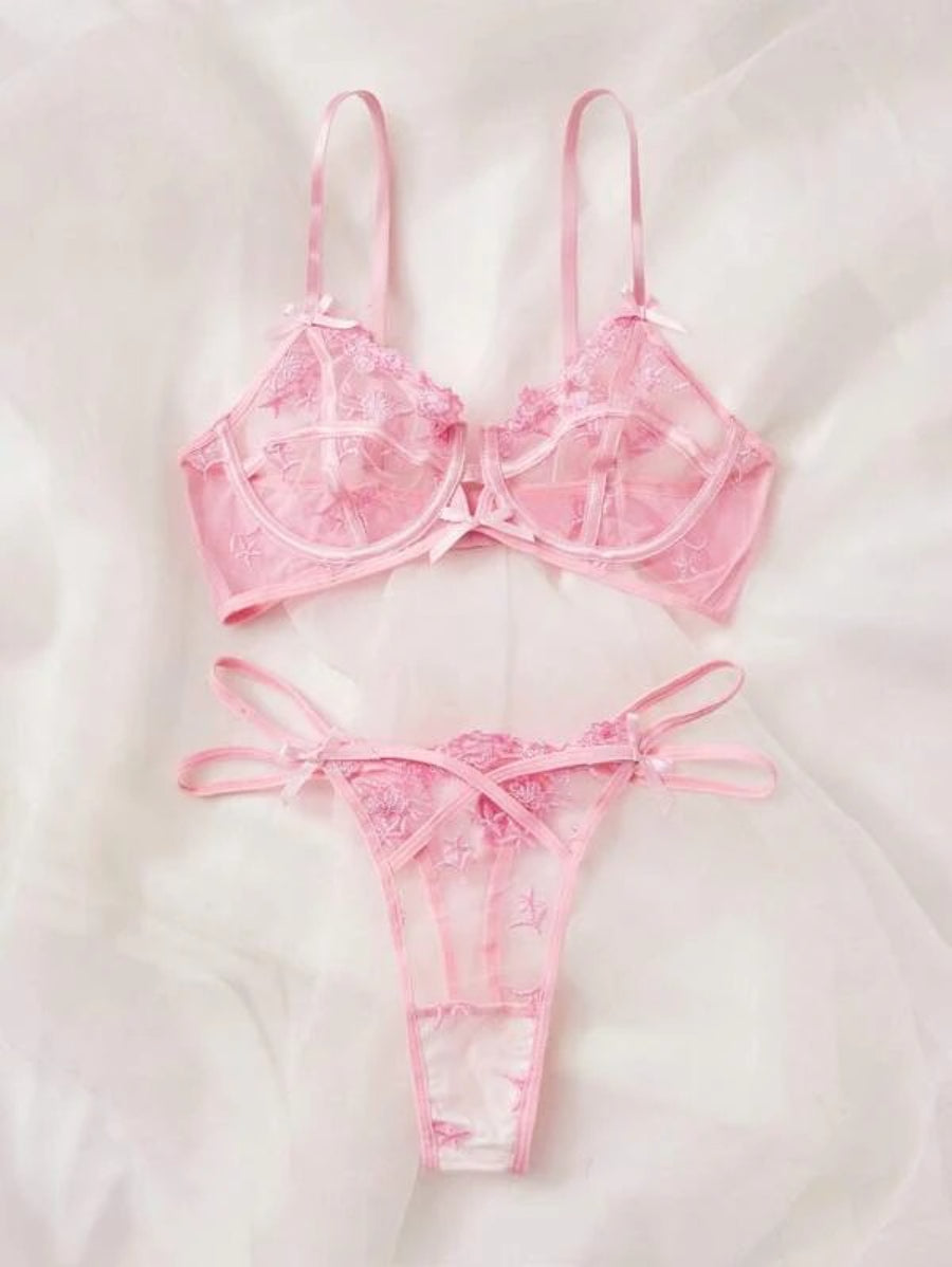 Flower Embroidery Mesh Underwire Lingerie Set-Soco Hoodie