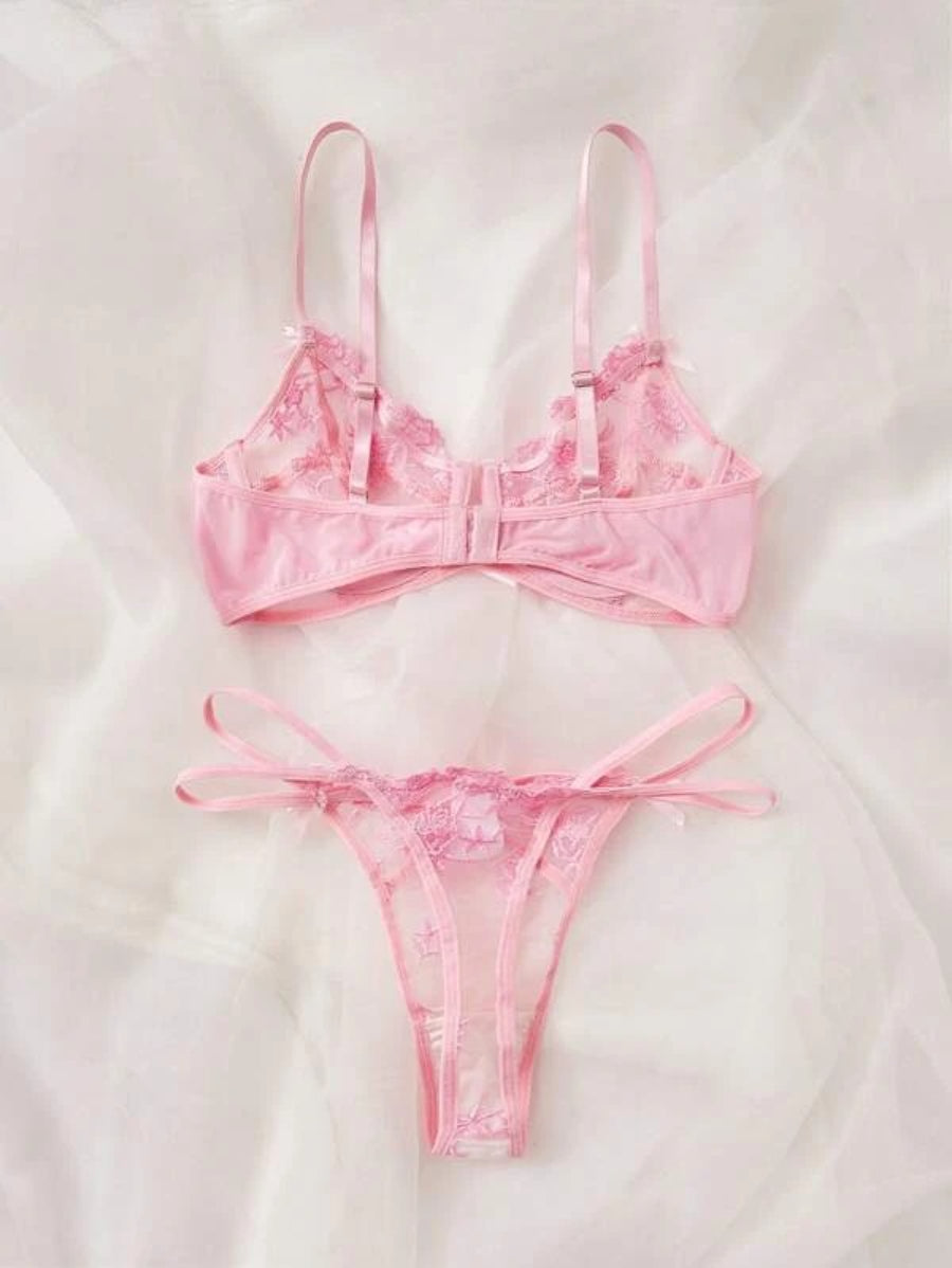 Flower Embroidery Mesh Underwire Lingerie Set-Soco Hoodie